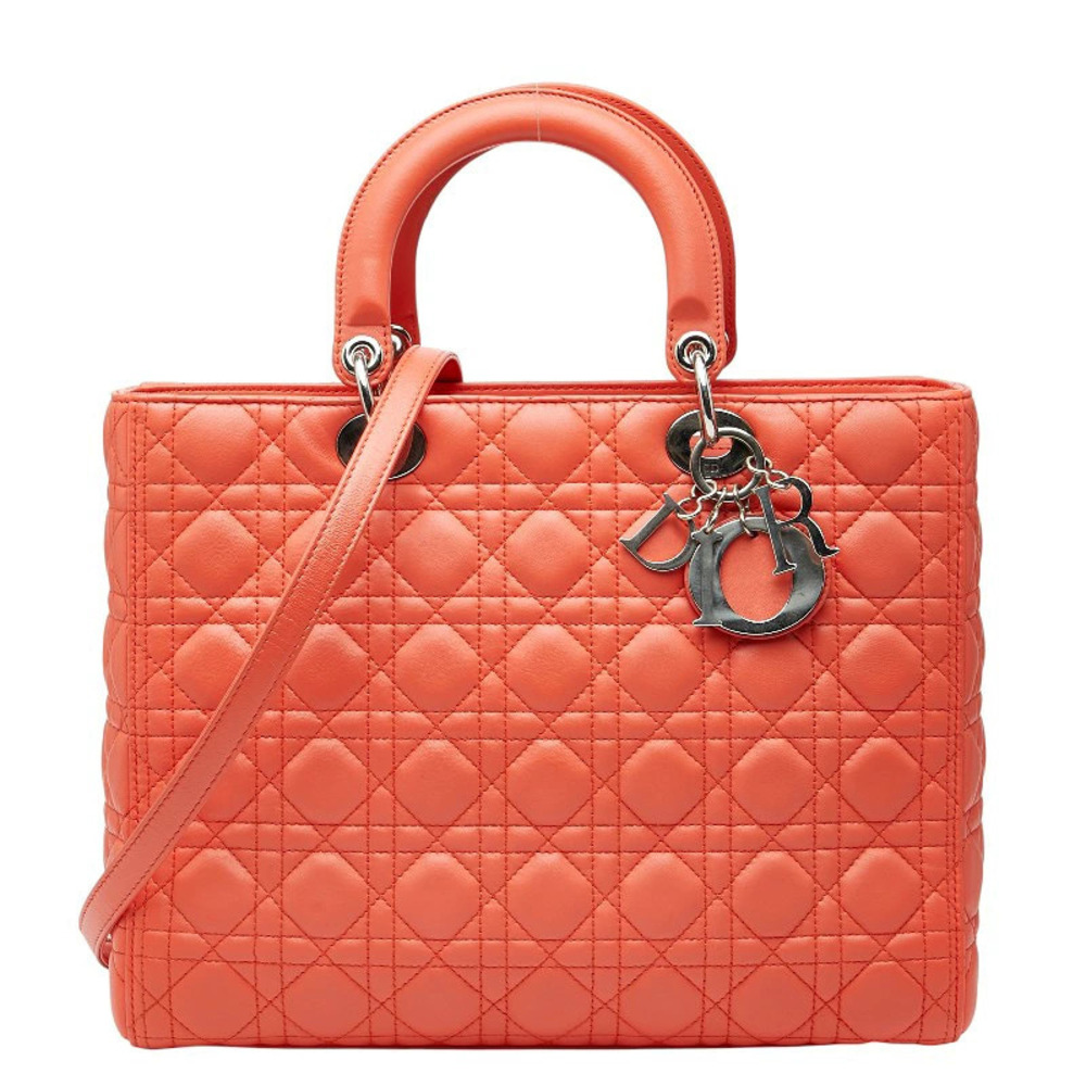 Christian Dior Cannage Lady 2way Shoulder Bag Orange Leather